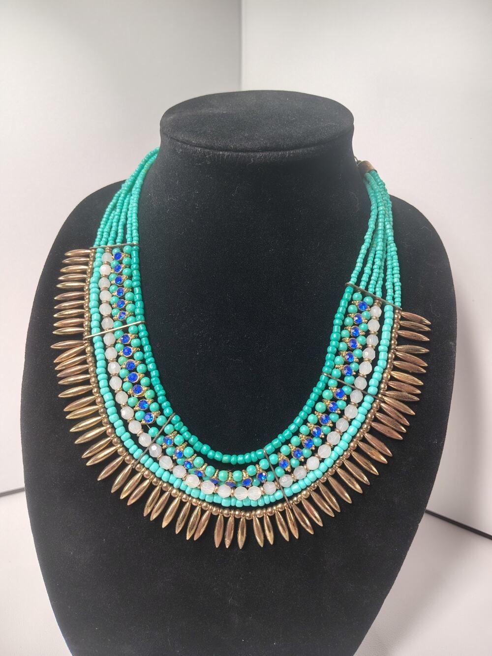 Egyptian Southwestern Fan Collar Necklace Teal Blue Gold Beaded 16-19" Statement